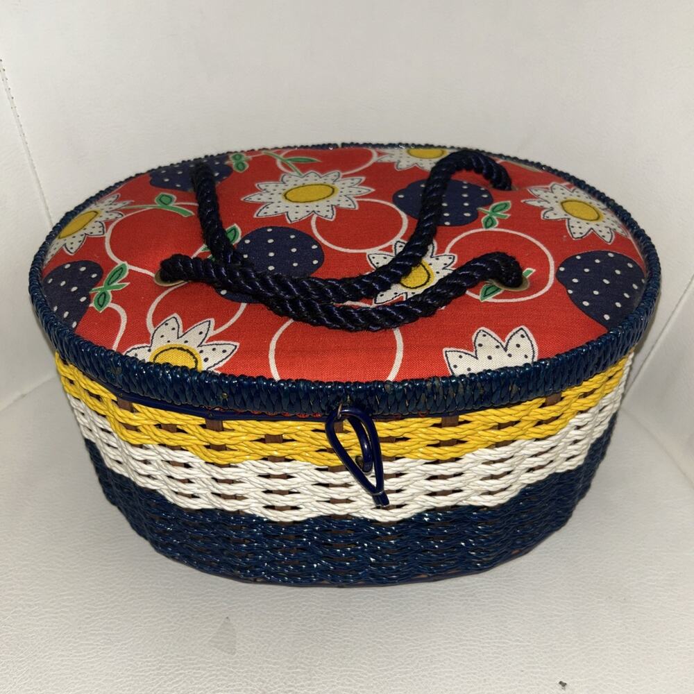 Vtg Plastic Wicker Blue Red White Floral Seeing Basket Red Satin Lined Japan